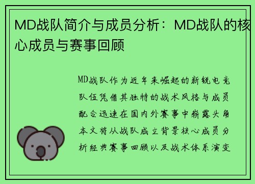 MD战队简介与成员分析：MD战队的核心成员与赛事回顾